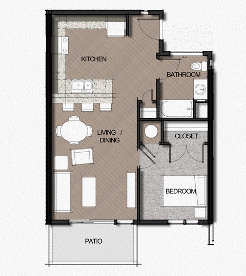 Floor plan for 1 bed, 1 bath, 692 sqft